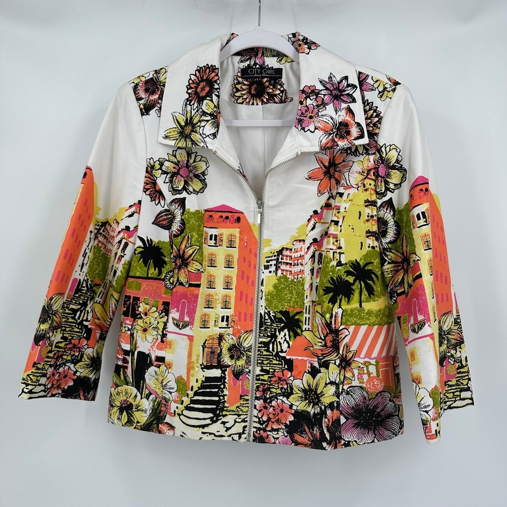 City Girl Nancy Bolen Womens Floral Scenic Jacket Sz S Maximalist Indie Eclectic